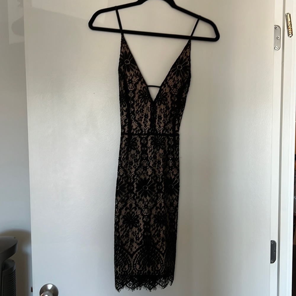 WAYF black and nude lace midi dress